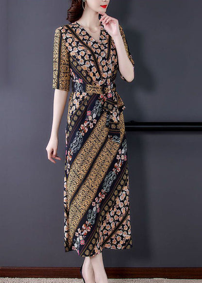 Slim Fit V Neck Cinched Print Chiffon Long Dress Summer Ly1695