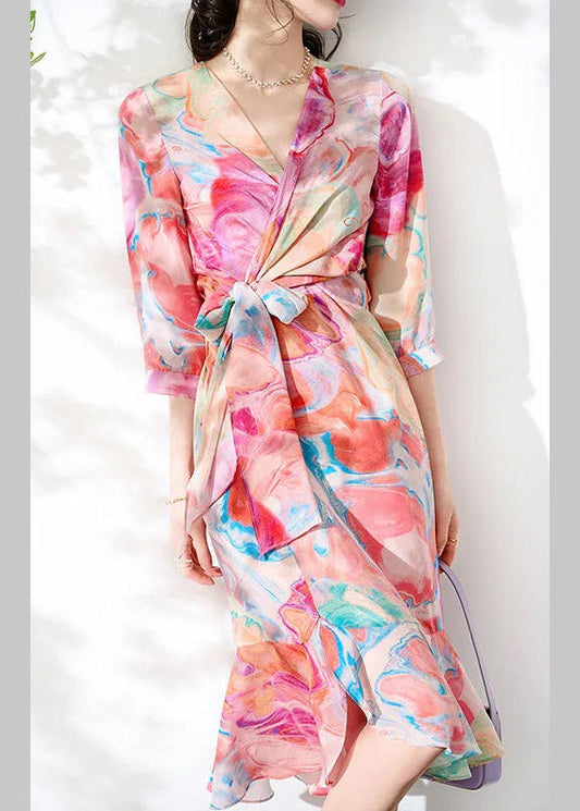 Slim Fit V Neck Print Tie Waist Silk Maxi Dresses Long Sleeve Ly1534