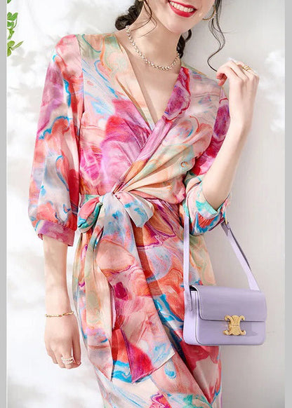 Slim Fit V Neck Print Tie Waist Silk Maxi Dresses Long Sleeve Ly1534