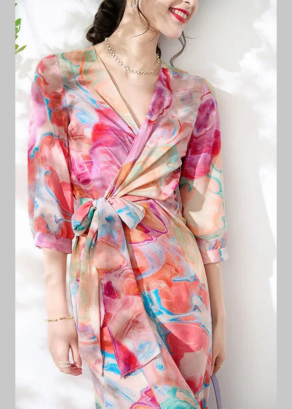 Slim Fit V Neck Print Tie Waist Silk Maxi Dresses Long Sleeve Ly1534