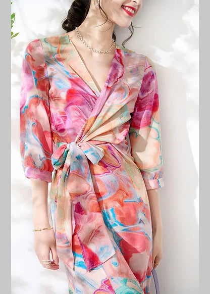 Slim Fit V Neck Print Tie Waist Silk Maxi Dresses Long Sleeve Ly1534