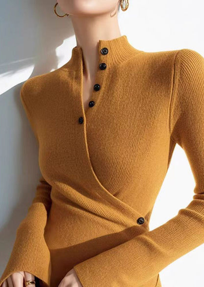 Slim Fit Yellow V Neck Wrinkled Cotton Knit Sweaters Winter Om006