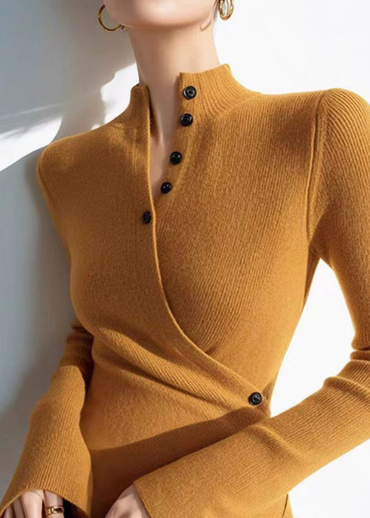 Slim Fit Yellow V Neck Wrinkled Cotton Knit Sweaters Winter Om006