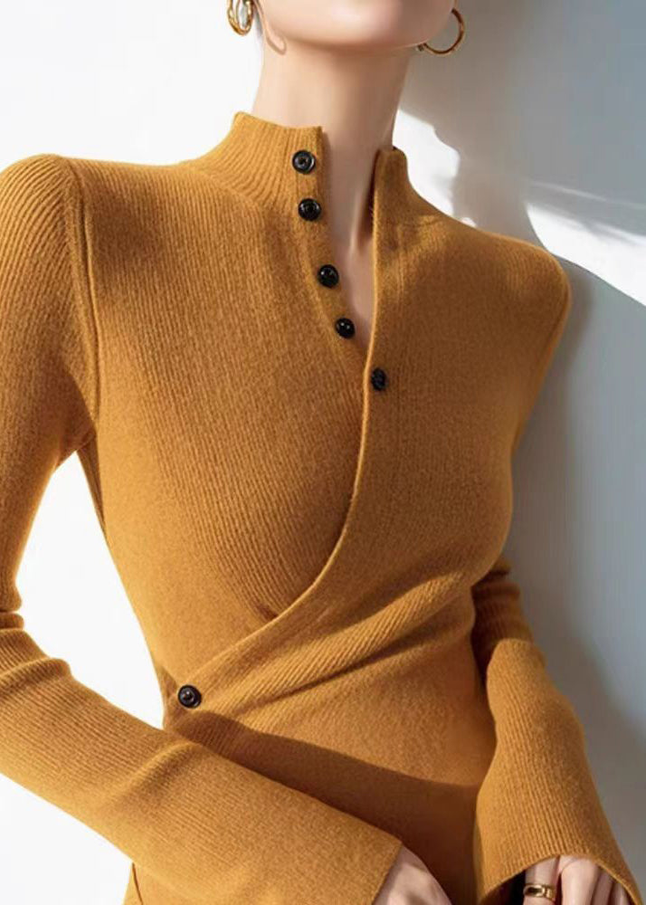 Slim Fit Yellow V Neck Wrinkled Cotton Knit Sweaters Winter Om006