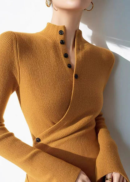 Slim Fit Yellow V Neck Wrinkled Cotton Knit Sweaters Winter Om006