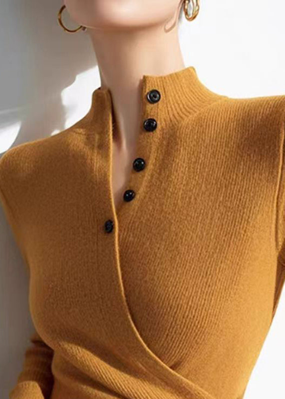 Slim Fit Yellow V Neck Wrinkled Cotton Knit Sweaters Winter Om006