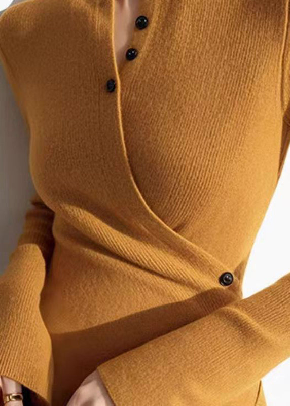 Slim Fit Yellow V Neck Wrinkled Cotton Knit Sweaters Winter Om006