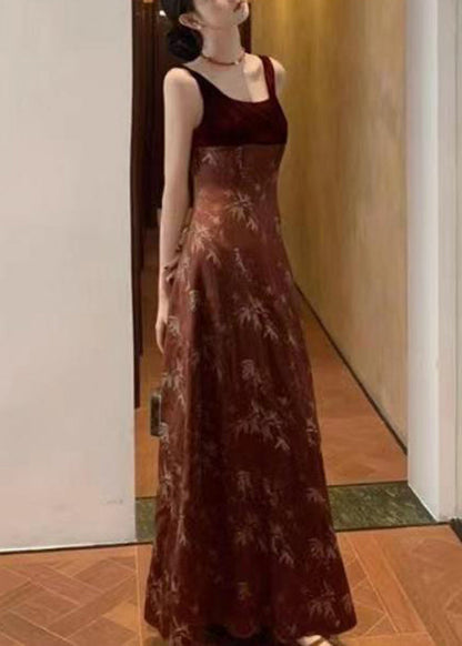 Slim Red Print High Waist Silk Long Dress Sleeveless Zl073