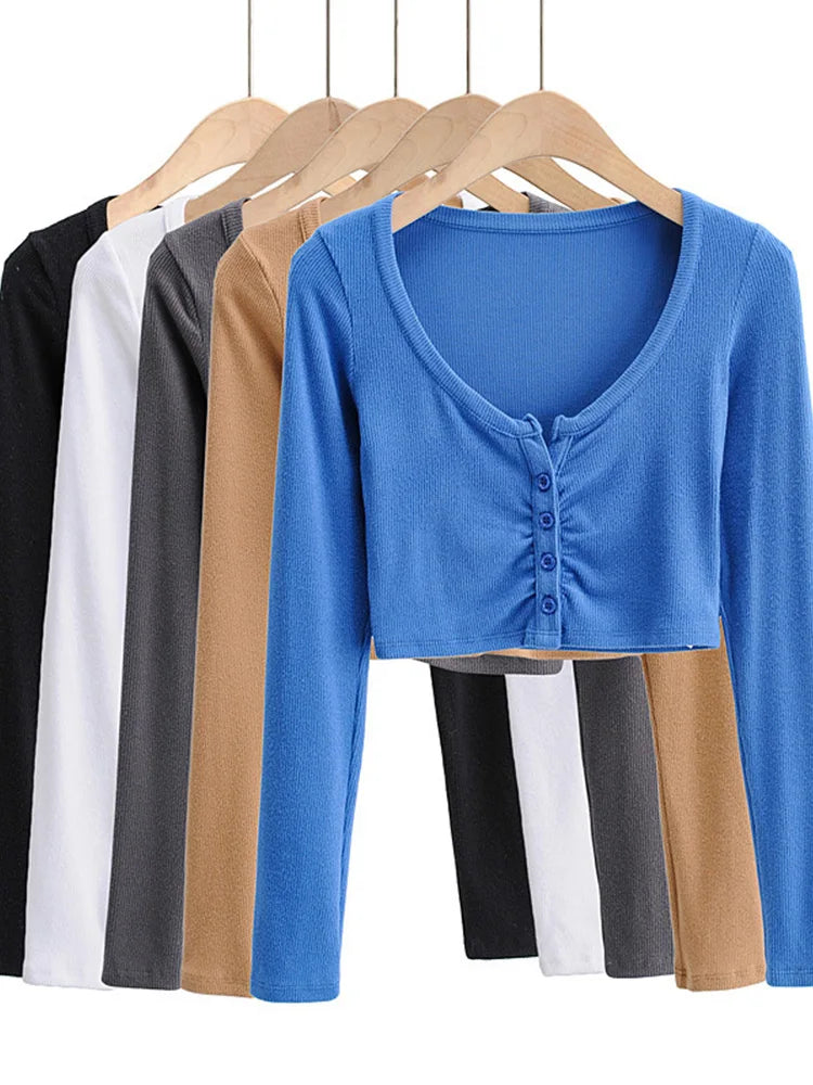Slim V-neck Long Sleeve Bottomed Tops and Blouses High Street Color Open Navel Cardigan