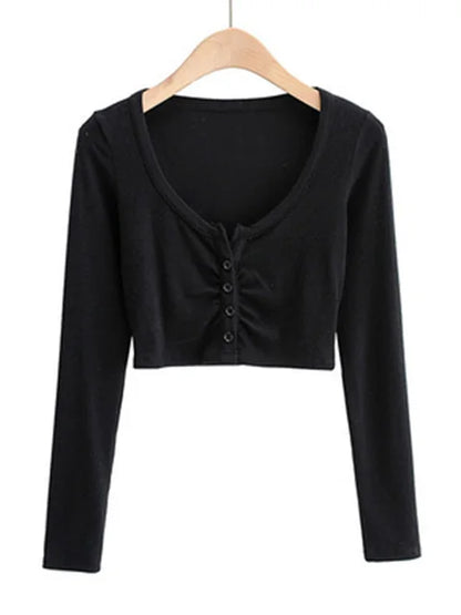 Slim V-neck Long Sleeve Bottomed Tops and Blouses High Street Color Open Navel Cardigan