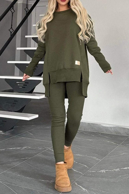 Slit High Low Hem Sweatshirt Bodycon Pants Set