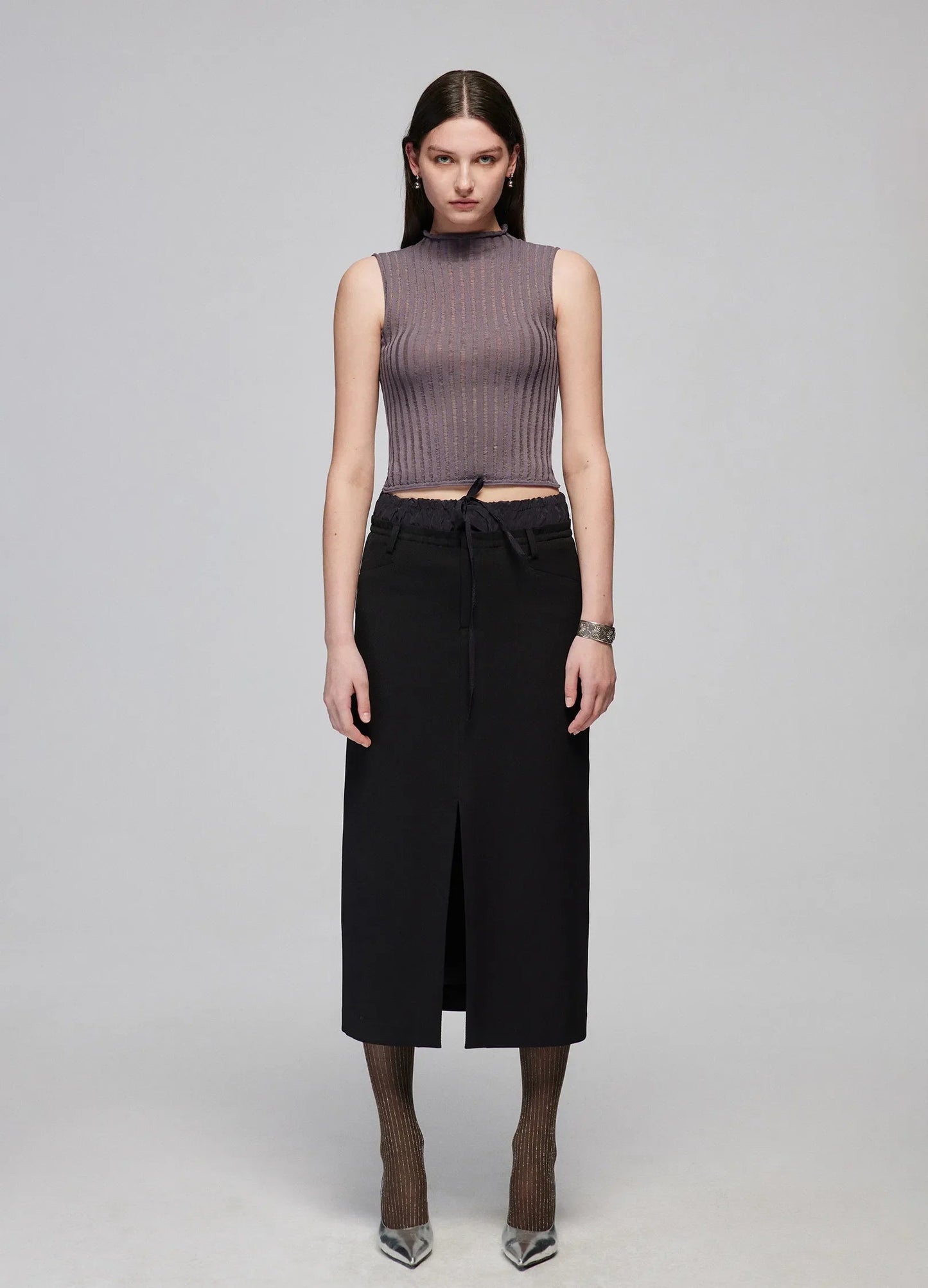 Slit Patchwork Midi Skirt