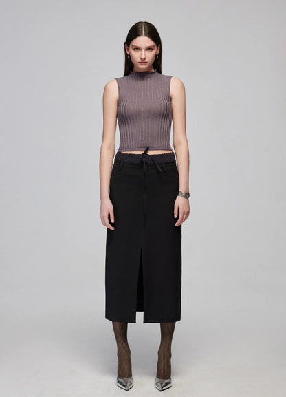 Slit Patchwork Midi Skirt