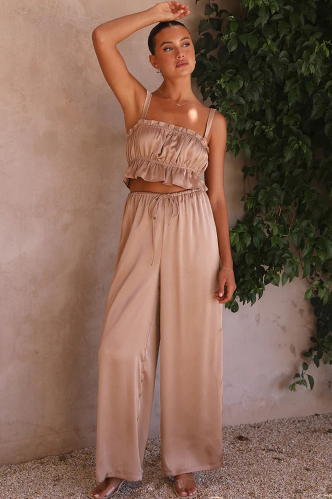 Smocked Ruffle Cami Crop Top Wide Leg Long Pants Set