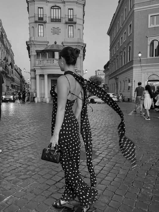 Black and Cream Polka Dot Ruffle Maxi Dress