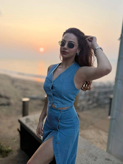 Denim Vest Waist Coat & Slit Skirt Coord Set