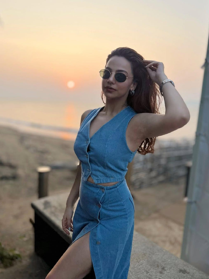 Denim Vest Waist Coat & Slit Skirt Coord Set