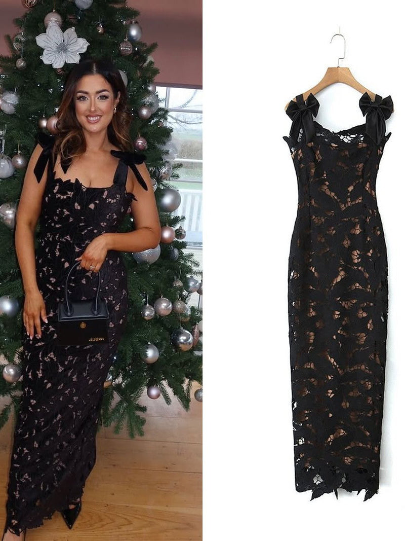Bow Applique Strap Cutout Slit Maxi Dress