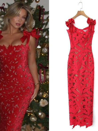 Bow Applique Strap Cutout Slit Maxi Dress