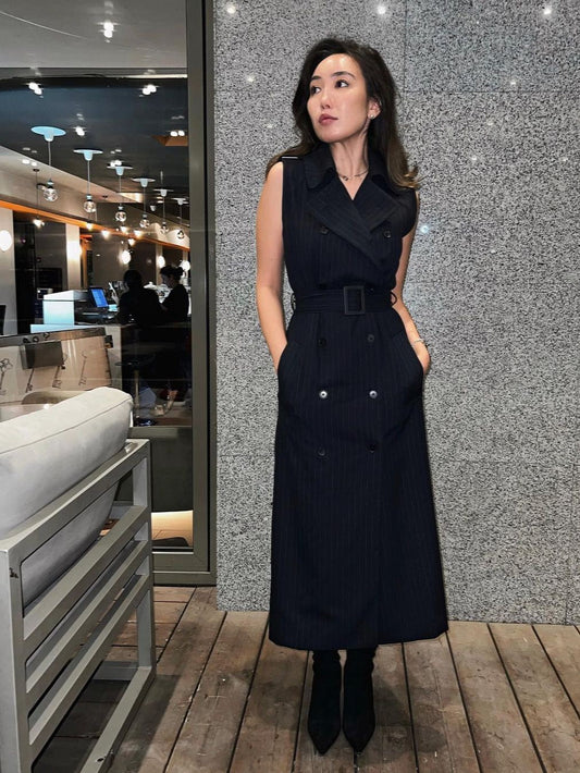 Striped Sleeveless Midi Dress With Belt