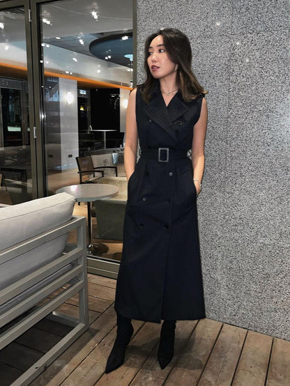 Striped Sleeveless Midi Dress With Belt
