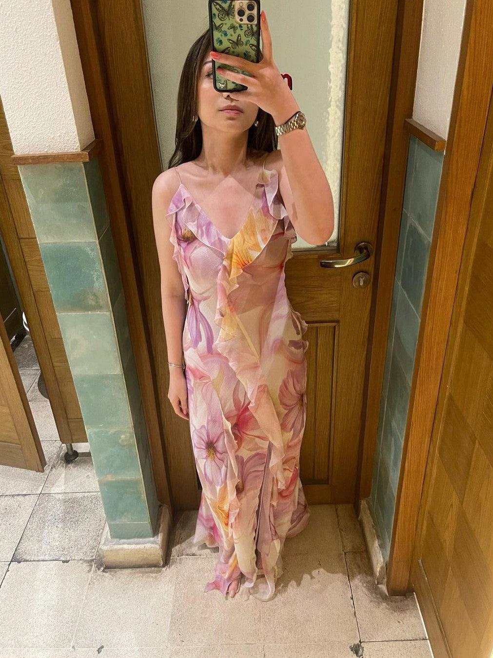 Print Ruffle Frill Maxi Dress