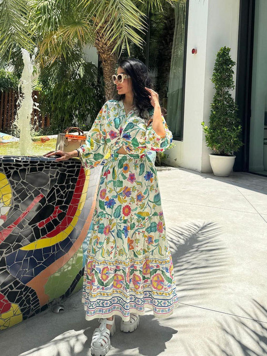 Print V Neck Flare Maxi Dress