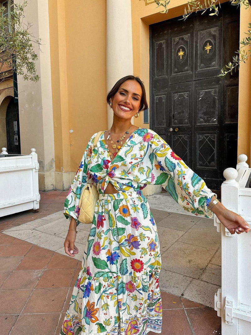 Print V Neck Flare Maxi Dress