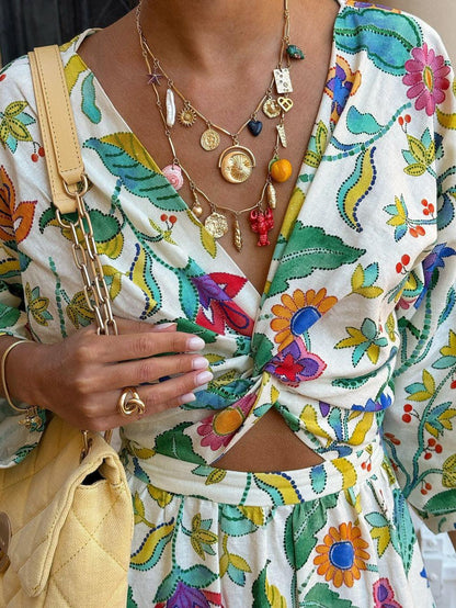 Print V Neck Flare Maxi Dress