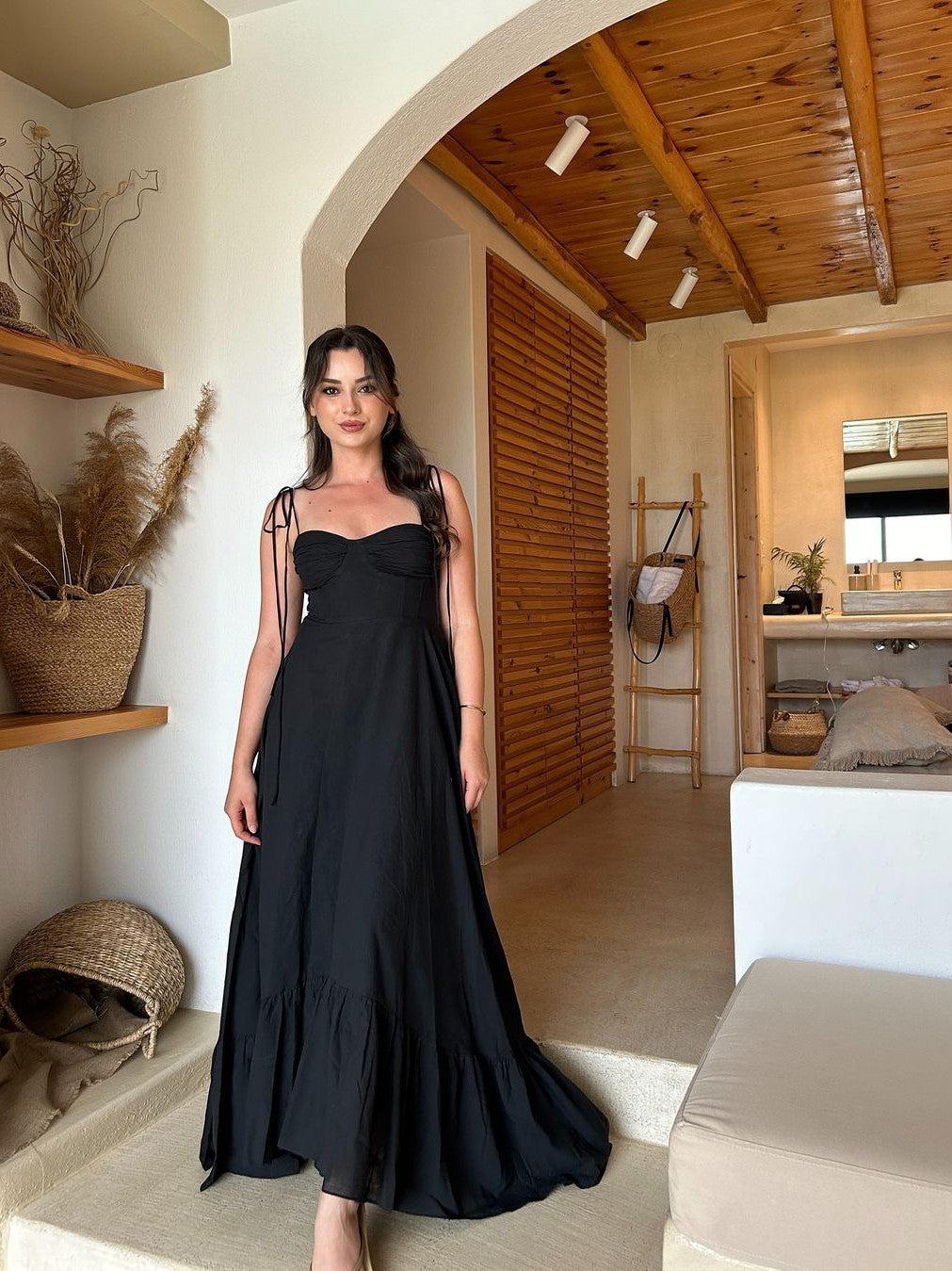 Tied Spaghetti Strap Corset Flare Maxi Dress