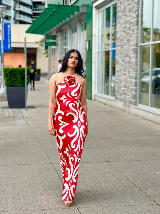 Applique Flower Halterneck Backless Maxi Dress