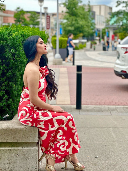 Applique Flower Halterneck Backless Maxi Dress