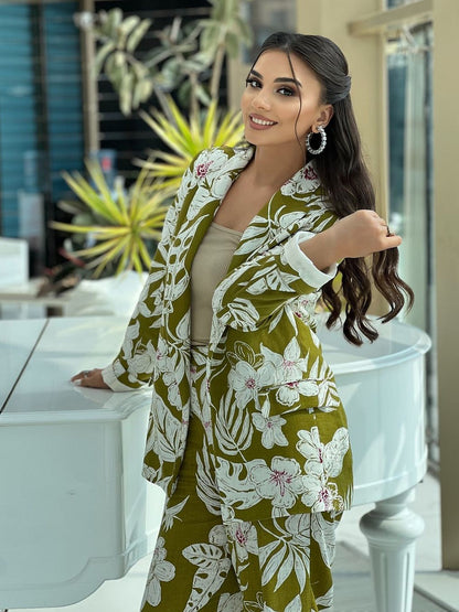 Print Long Blazer With Pant Coord Set
