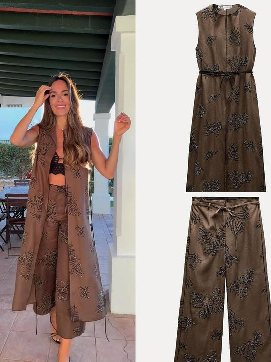 Embroidered Vest & High Waist Wide Leg Pant Coord Set