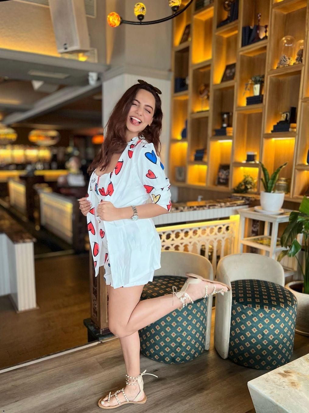 Heart Print Cami Top & Shorts With Long Blazer 3 Piece Coord Set