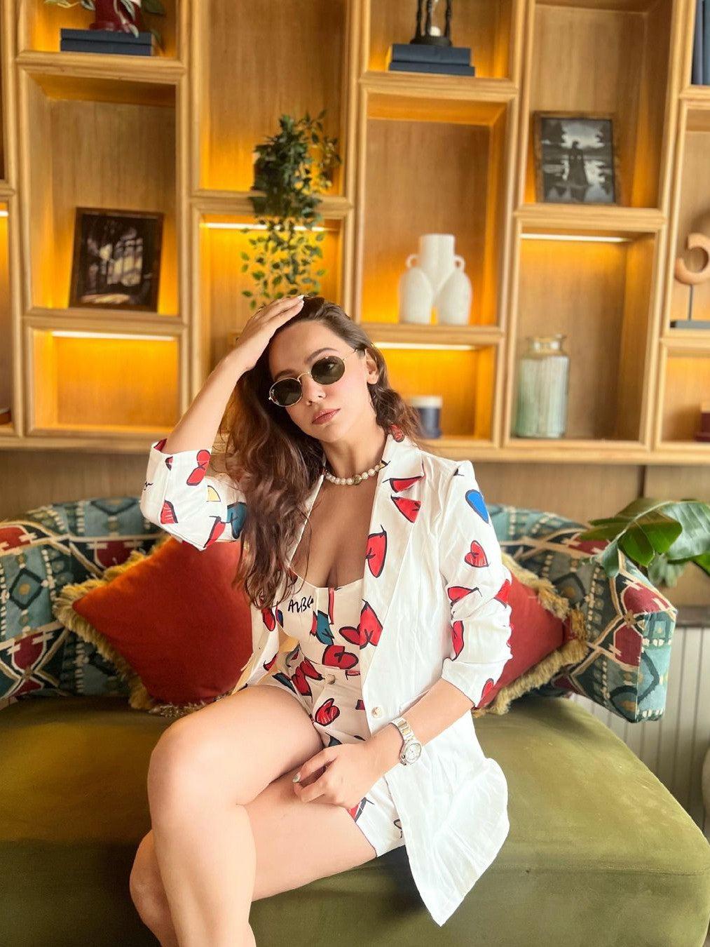Heart Print Cami Top & Shorts With Long Blazer 3 Piece Coord Set