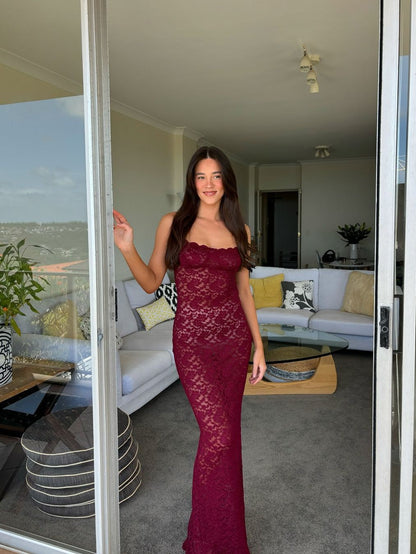 Spaghetti Strap See Through Lace Maxi Dress