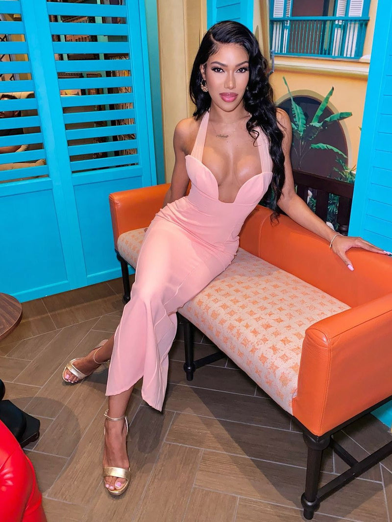 Deep Halterneck Slit Maxi Dress