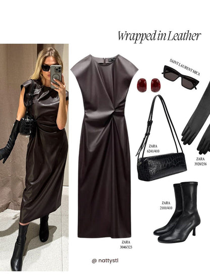 Pu Leather Ruched Midi Dress