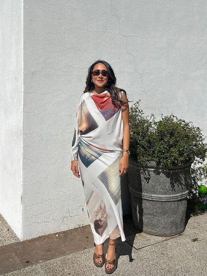 Print Asymmetric One Sleeve Maxi Dress