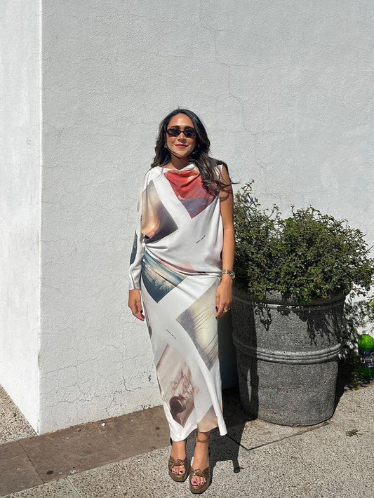 Print Asymmetric One Sleeve Maxi Dress