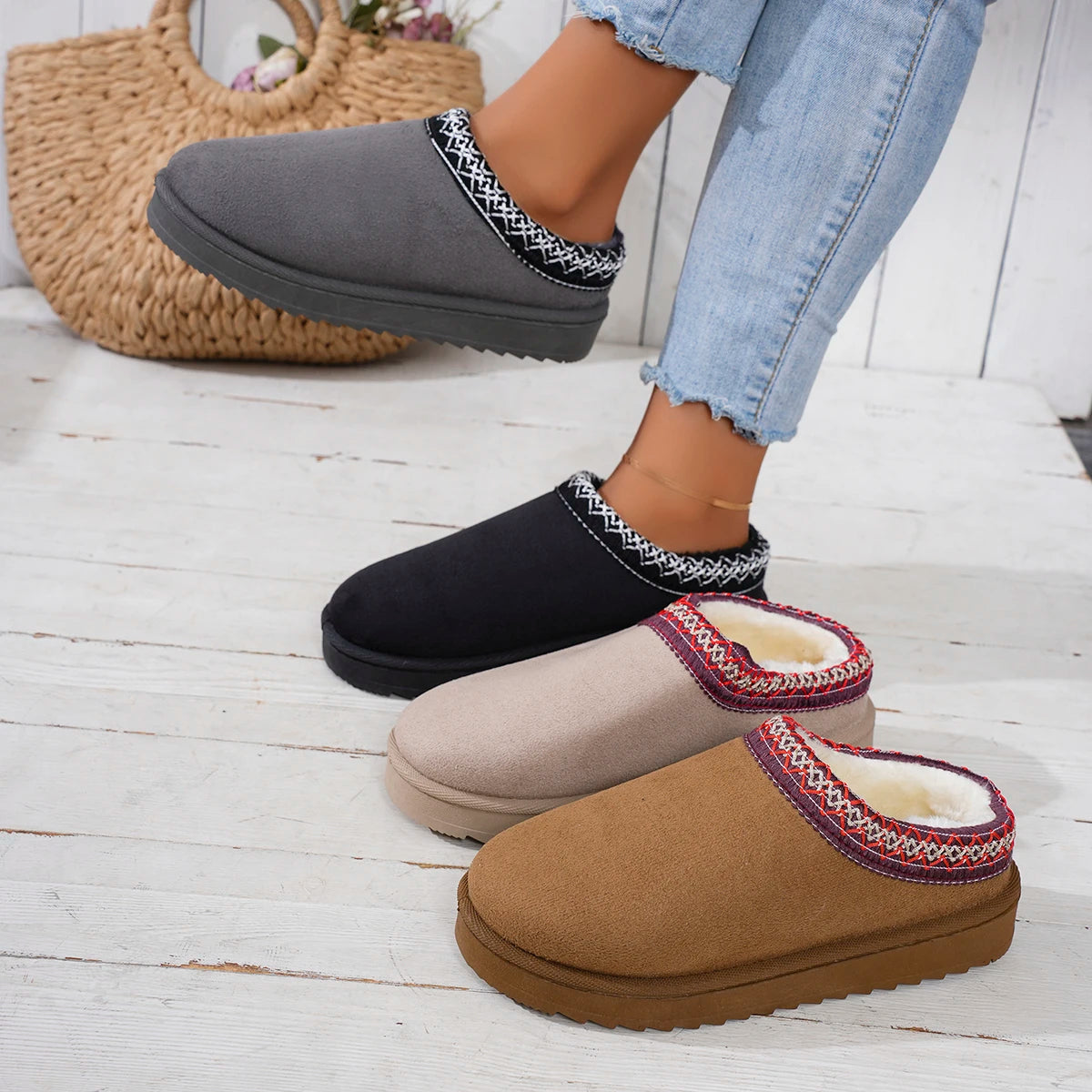 Snow Boots Winter New Cashmere Warm Thick Soles Without Heel-covered Hair Half Slipper Cotton Shoes Cashmere Warm Boots