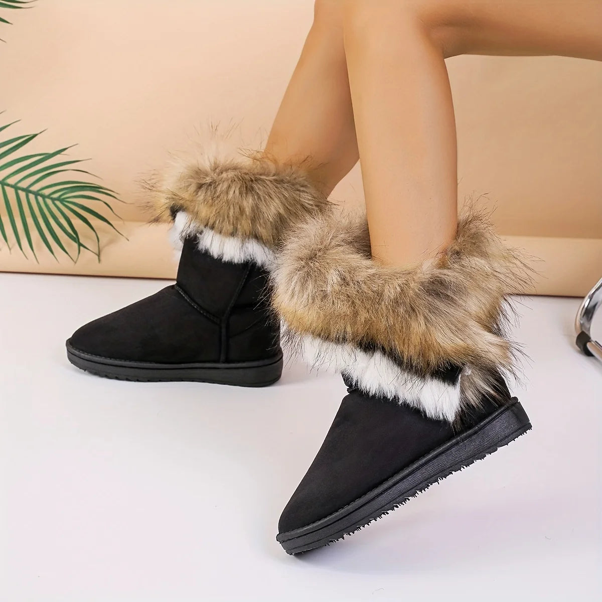 Faux Fur Mid-calf Thermal Plush Lined Flat Outdoor Snow Boot