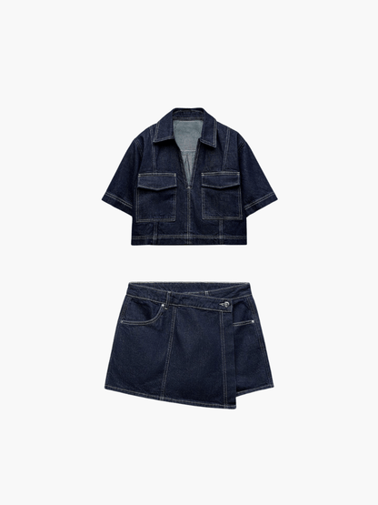 Faelyn - Denim Cropped-top & Skirt Two-piece Set