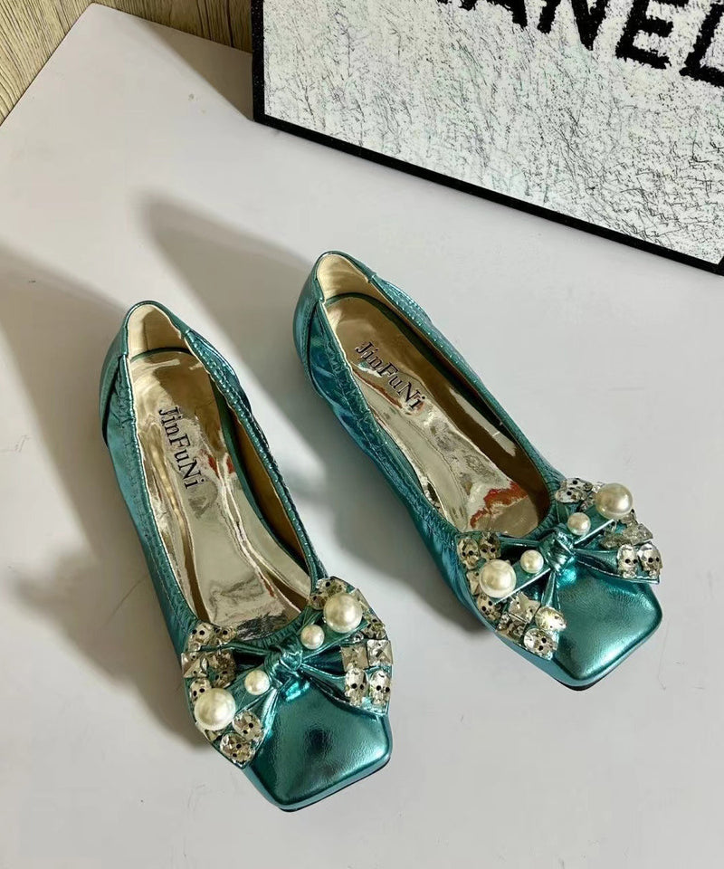 Soft Bow Zircon Splicing Flat Shoes for Green Faux Leather Cz1030