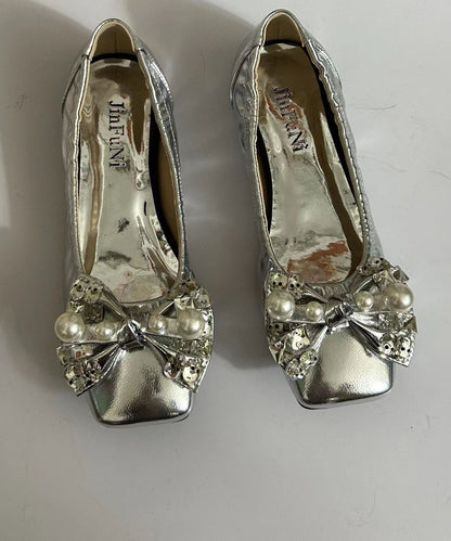 Soft Bow Zircon Splicing Flat Shoes for Green Faux Leather Cz1030