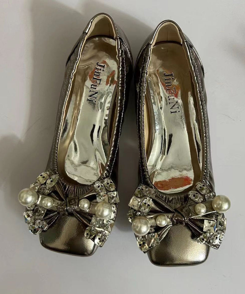 Soft Bow Zircon Splicing Flat Shoes for Green Faux Leather Cz1030