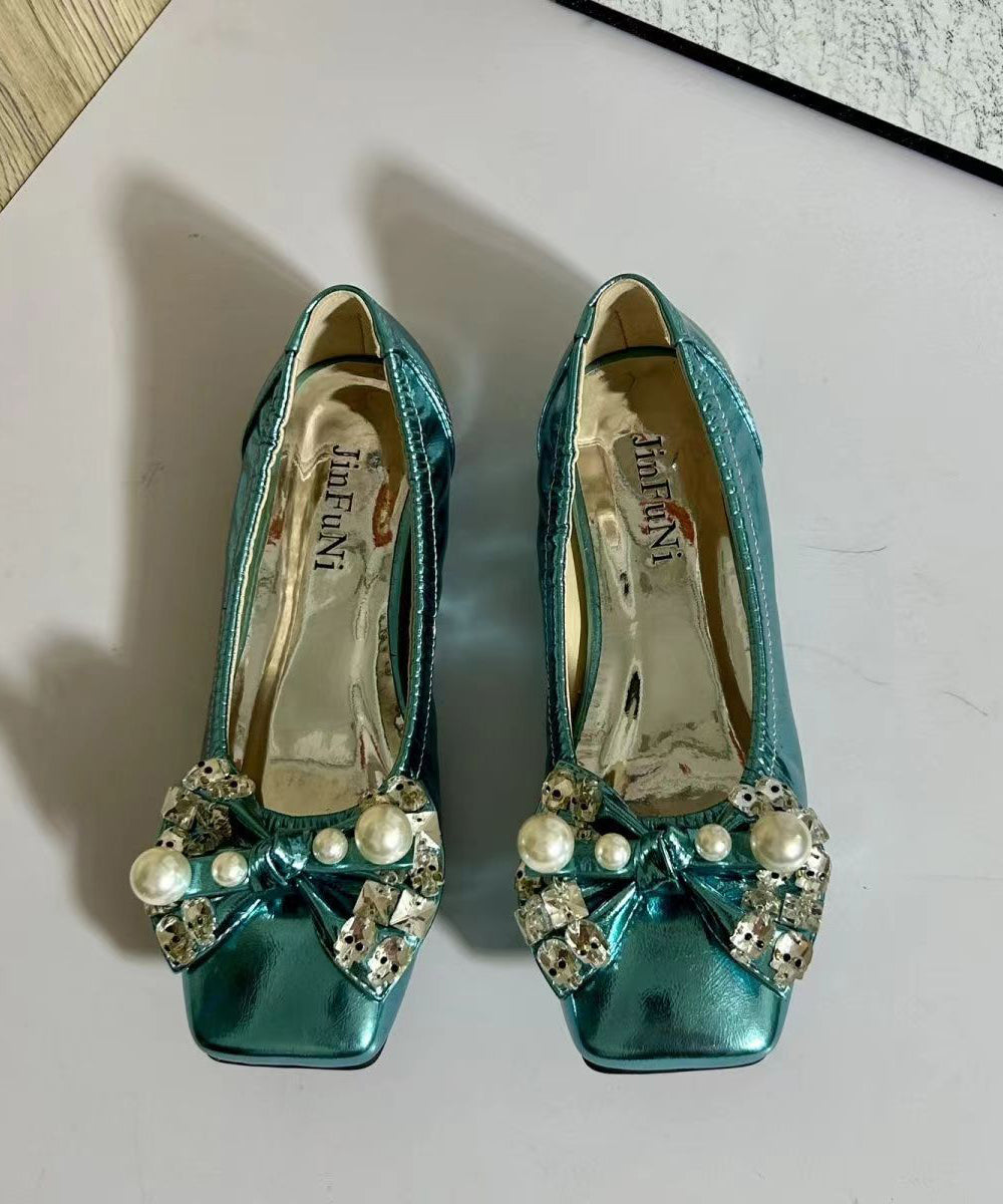 Soft Bow Zircon Splicing Flat Shoes for Green Faux Leather Cz1030