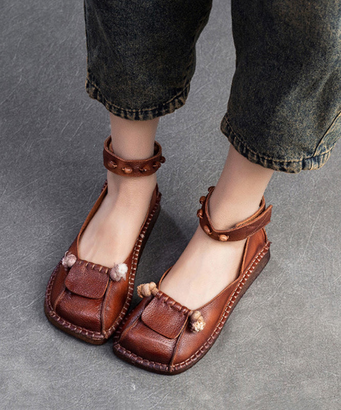 Soft Green Cowhide Leather Splicing Buckle Strap Flats Shoes Sl1021