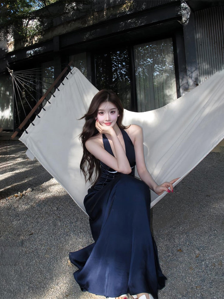 French Blue Halter Maxi Dress V-neck Cutout Bow-tie Backless Beach Dress